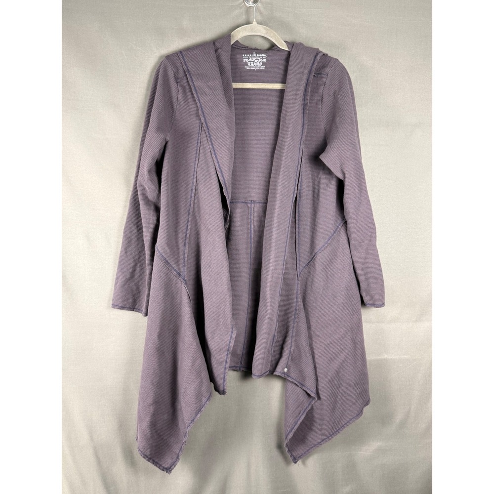 Neon Buddha Cardigan Women L Purple Waffle Knit Hooded Asymmetrical Open Front